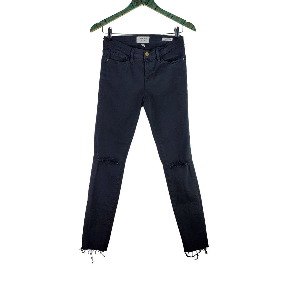 Frame Le Skinny De Jeanne Black Distressed Ripped Jeans, 26 - Picture 2 of 11